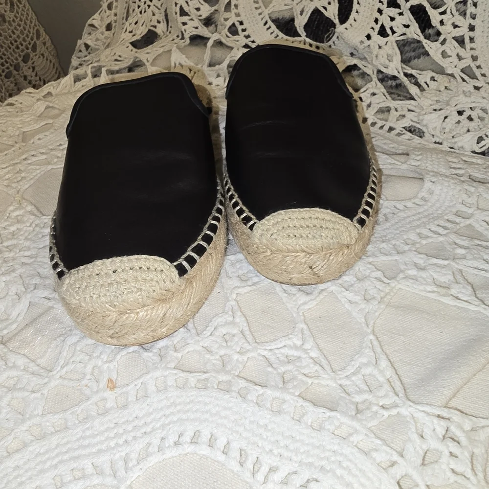 J Crew, Black Leather Slide Mule Espadrilles, Womens 6 1/2 Shoes